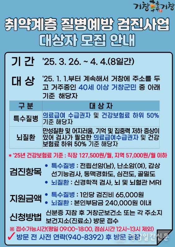 거창군, 취약계층 질병예방 검진사업(특수질병, 뇌질환) 대상자 모집