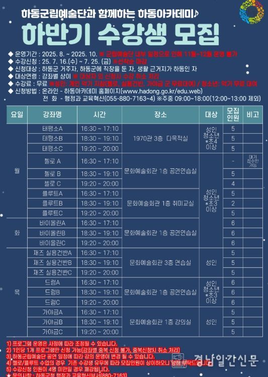 하동군립예술단과 함께하는 하동아카데미’ 수강생 7월 25일까지 모집