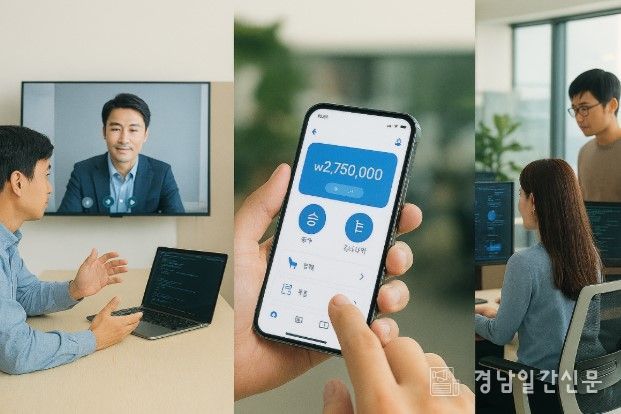 베트남 엔지니어 팀이 한국 고객사와 온라인으로 협업하고, 베트남 기업이 개발한 핀테크 앱이 휴대폰에 표시되며, 베트남의 기술 지원을 받는 한국 스타트업의 사무실 모습이다. (출처: OpenAI 챗GPT)