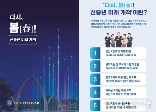 경상국립대학교 평생교육원의 신중년 미래 개척 프로그램 안내 전단 표지.
