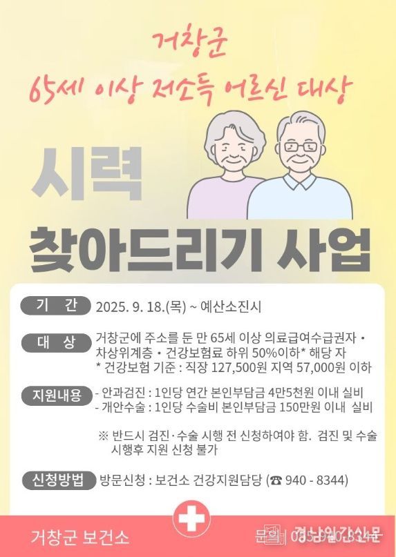 거창군, 저소득 어르신 시력 찾아드리기 사업 본격 추진