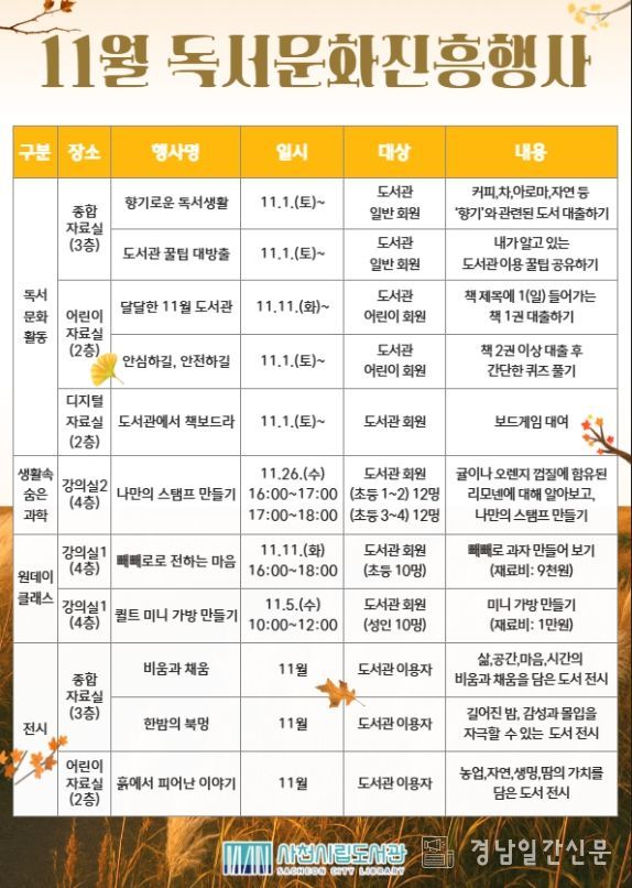사천시립도서관, 2025년 11월 독서문화진흥행사 운영