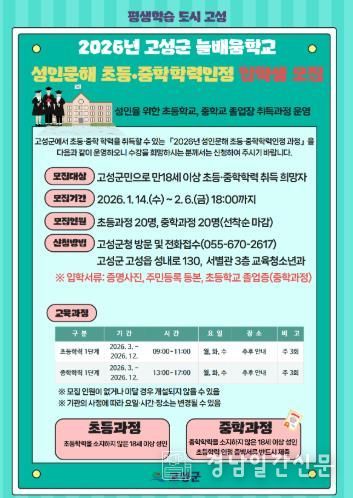 고성군, 성인문해 초등·중학 학력 인정과정 입학생 모집