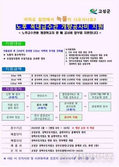 고성군, 노후 옥내급수관 개량공사비 지원사업 시행