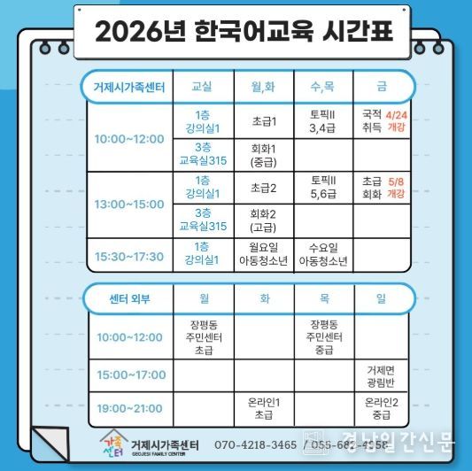 거제시가족센터, 2026년도 한국어 교육 개강